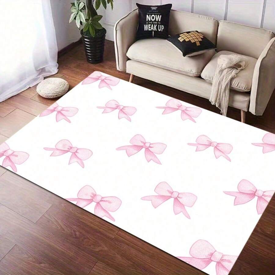1Pc Pink Bow Pattern Non-Slip Mat - Plush, Soft, Machine Washable Rug With White And Pink Bow Design. Thickened For Living Room, Bedroom, Kitchen, Bathroom. Ideal For Christmas And Valentine's Day Home Décor, Floor Mat, Washable Area Mat, Cleanable Rug, Holiday Decoration, Stylish Rug, Durable Fabric, Decorative Rug, Perfect For Holiday Buyers And Pet Owners. - 彩色 - 查看 1