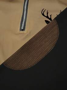 Men's Polo Shirt, Colorblock Deer Print Half-Zip Collar Long Sleeve Polo Top, Suitable For Casual Daily Wear And Outdoor Activities, Spring/Autumn/Winter - Khaki - View 4
