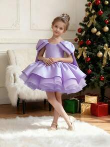 少女优雅紫色缎面短袖迷你派对连衣裙，适合生日派对、庆典、婚礼、拍照、新娘装、舞会、毕业典礼、晚礼服、夏季、复活节、度假等场合。 - 淡紫色 - 查看 6