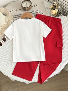 2件套 女童情人节可爱樱桃字母印花短袖圆领上衣+假口袋休闲工装裤套装，夏季