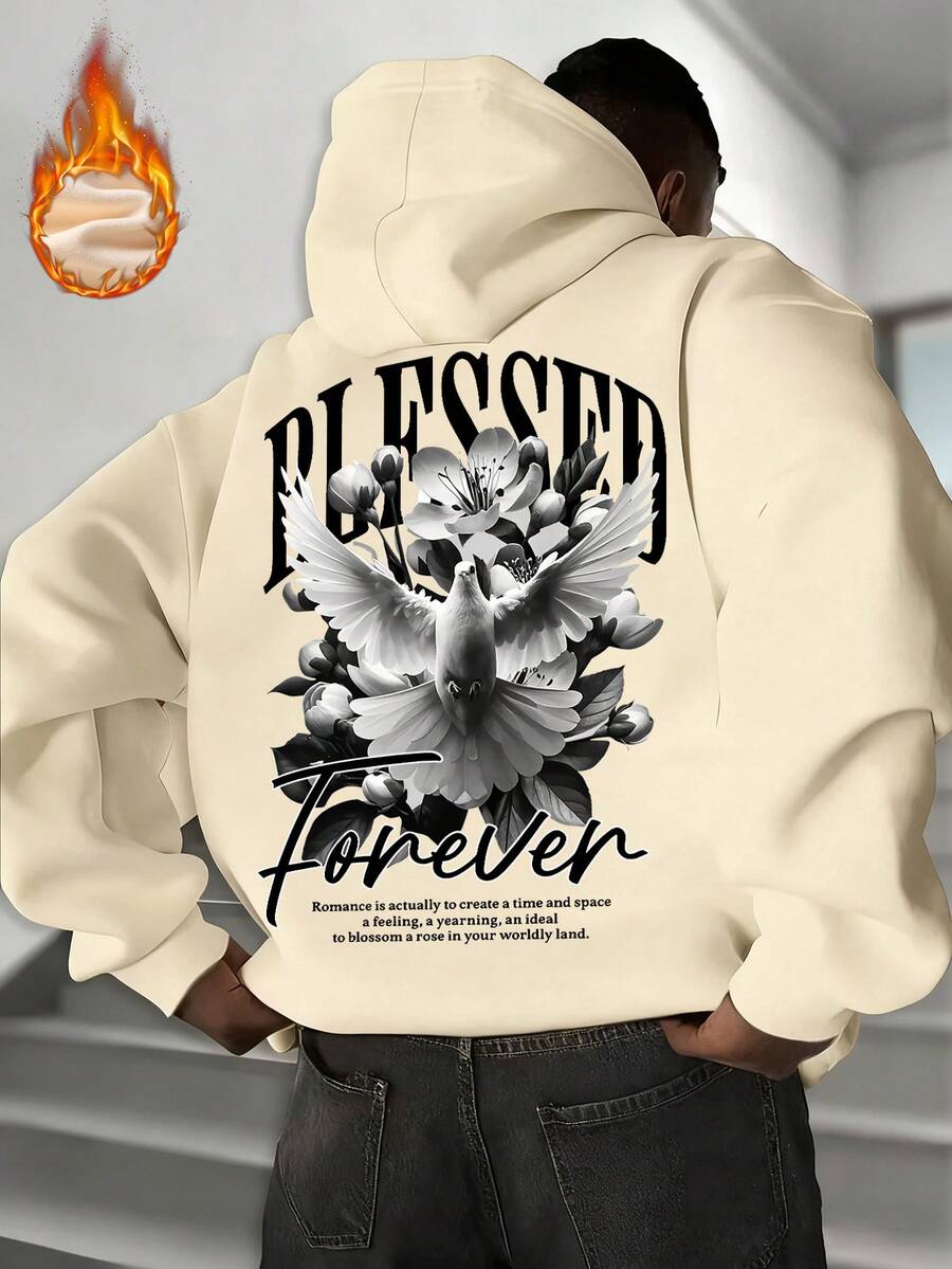 هودي رجالي مطبوع عليه شعار السلام والنص الإنجليزي، مبطن حراريًا، للخريف/الشتاء