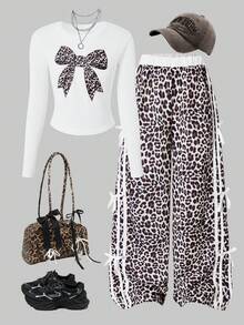 Bộ đồ thể thao 2 mảnh Sparklin Girls họa tiết da báo thoải mái, thời trang, thắt nơ bên hông, gồm quần ống rộng và áo thun dài tay cổ tròn họa tiết nơ, thích hợp cho mùa xuân/đông, phong cách đường phố, đi học, tụ họp, hoạt động ngoài trời, kỳ nghỉ, du lịch và mặc hàng ngày. - trắng - Xem 2