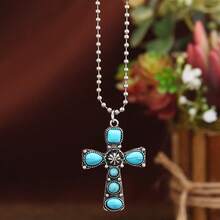 Turquoise Decor Cross Charm Necklace - Blue - View 4