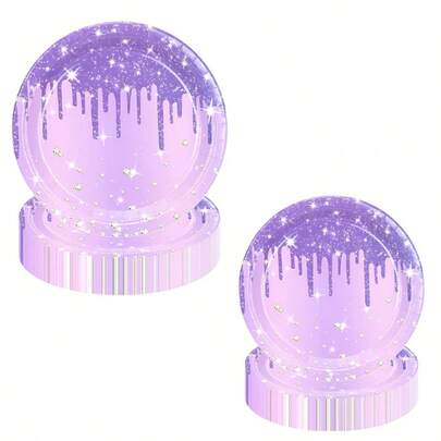 24/40件梦幻紫水晶闪光餐盘套装 - 7+9英寸双尺寸珍珠星爆设计，防油防漏，是生日派对、甜点桌、订婚、情人节的理想之选