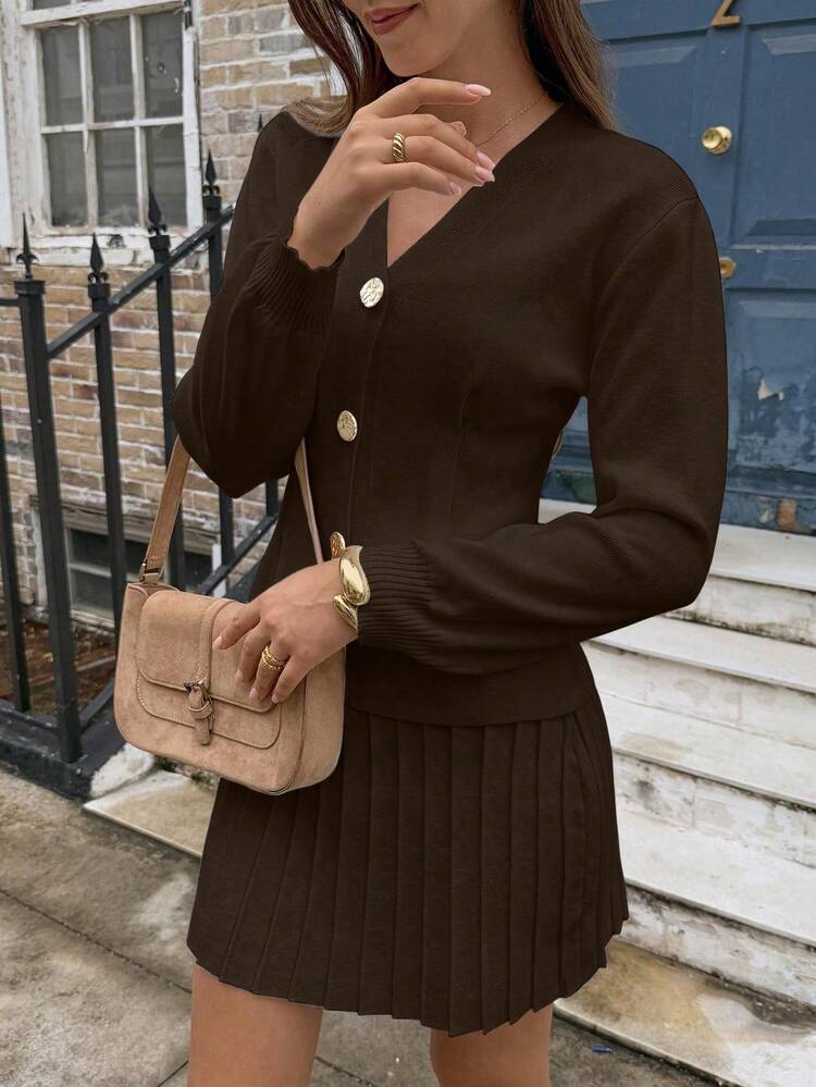 FOR BEAUTY Women Spring/Summer Elegant Cardigan & Pleated Skirt 2-Piece Set, Casual, Work, Fashion, Versatile Outfit - Brown - View 2