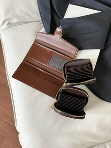 3件套女士迷你钱包卡包经典大容量拉链钱包PU皮革休闲钱包鳄鱼纹绗缝钱包母亲节礼物女士零钱包钱包小巧可爱钱包 - 棕色 - 查看 11