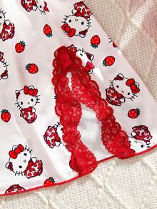 Sanrio Pajamoom Hello Kitty Women's Sleepwear, Red And White Striped, Strawberry Cute Digital Print, V-Neck, Contrast Lace, Side Slit, Ruffle Hem, Open Back, Babydoll Nightgown - Red and White - View 10