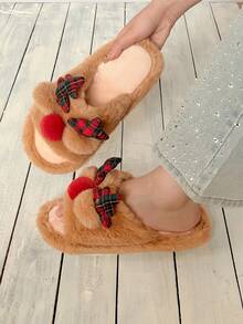 XIXITIAO 1 para uroczych pluszowych kapci z poroża renifera w kolorze czerwonym, unisexowe kapcie domowe z miękką podeszwą, kapcie dla pary, świąteczne płaskie kapcie z motywem renifera w kolorze czerwonym, wygodne i modne lekkie kapcie domowe - Brązowy - Zobacz 11