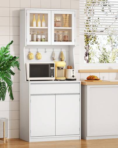 HEXCELEN Kitchen Cupboard, Tall Kitchen Cabinets With Countertop, Drawer, Freestanding Pantry Storage Cabinet With Adjustable Shelves For Dining Room, Living Room, 40 * 75 * 180 Cm, White