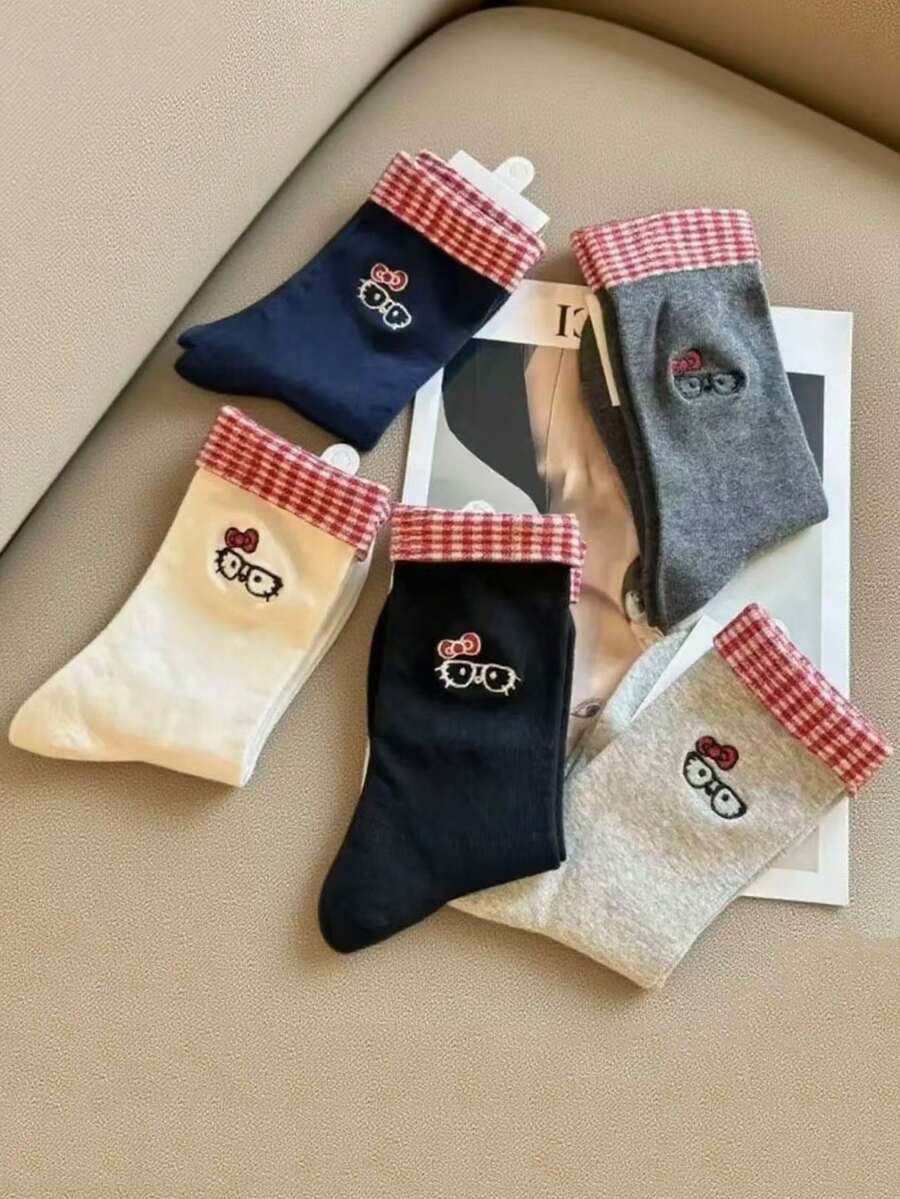 5双复古格子翻边中筒袜，学院风，春秋季