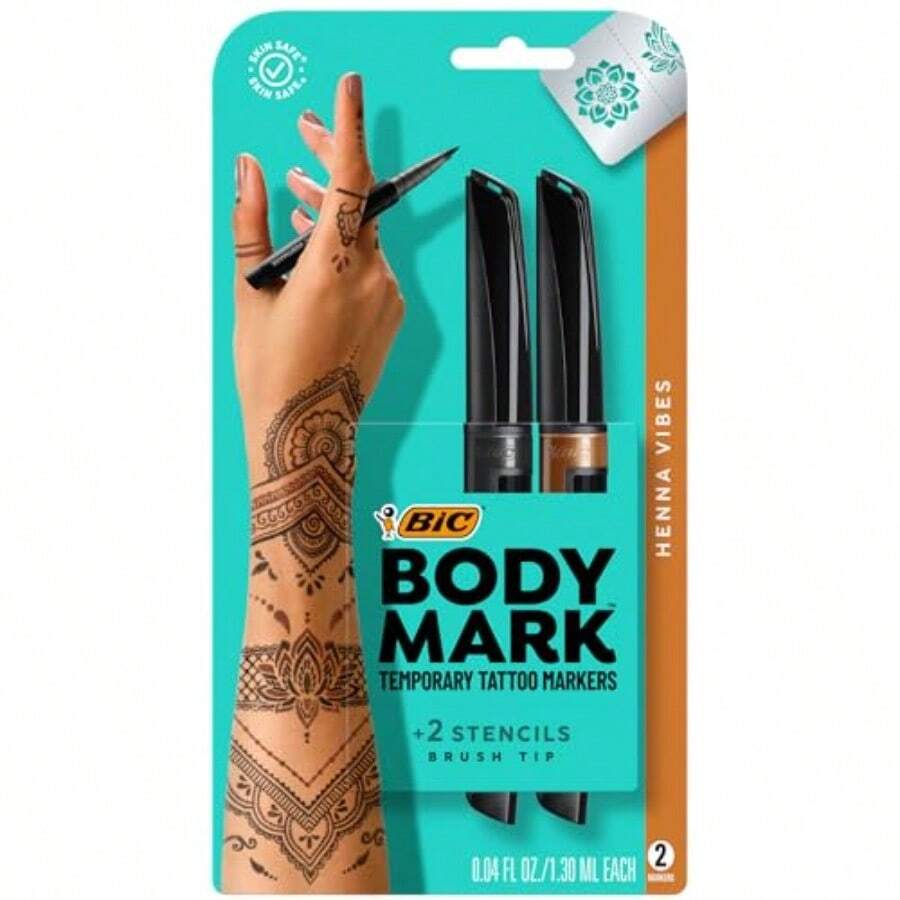 TYUI BIC BodyMark Temporary Tattoo Markers For Skin Henna Vibes Flexible Brush Tip 2-Count Pack Of Assorted Colors Skin-* Cosmetic Quality - 如圖 - 查看 1