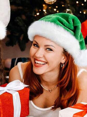 1 pieza Gorro de Papá Noel verde, Gorro navideño verde y blanco para adultos, Gorro de Navidad de peluche, Gorro para fiesta de Navidad, Regalo de Navidad, Decoración navideña para el hogar