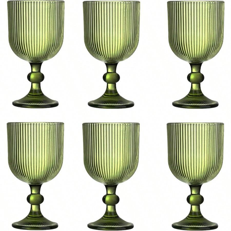 Green Vintage Wine Glasses Set Of 6 11 Ounces Colored Glass Water Goblets With Unique Embossed Pattern And High Clear Stemmed Design Ideal For Weddings Parties Bar Settings And Fancy Dining Events Vertical Line Decorative Drinking Cups For Elegant Beverage Presentation - Green - View 1