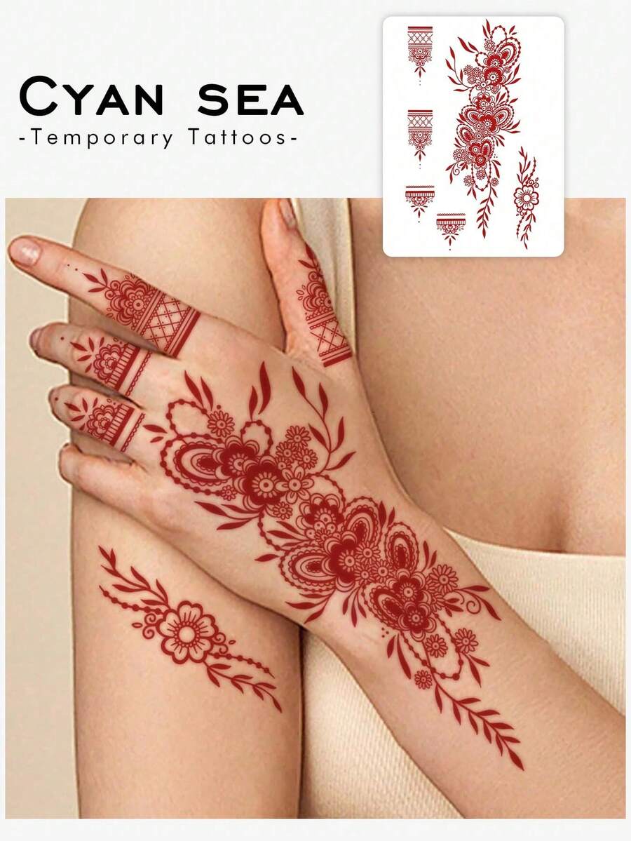 1-2 buah Stiker Tato, Hadiah Gratis Stiker Tato Sementara Henna Bunga, Tahan Air, Tahan Keringat, Stiker Tato Palsu PVC Non-Reflektif, Cocok untuk Penggunaan Sehari-hari Para Pecinta Mode - Merah - View 1