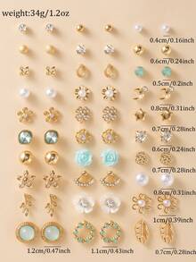 30 Pairs/Set Women's Daily Fashion Stud Earrings, Flower, Star, Moon, Rhinestone, Metal, Faux Pearl, Multiple Styles, Cute & Minimalist, Suitable For Casual Wear, Holiday Gifts - Multicolor - View 5