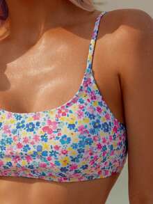 wohenmeili 休闲花卉印花高腰吊带比基尼套装，带十字交叉露背细节，高弹力两件套泳衣 - 白底藍黃粉 - 查看 8