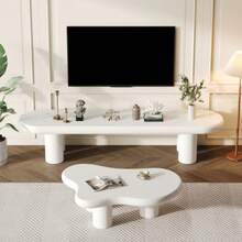 Modern TV Stand And Cloud-Shaped Coffee Table Set – White TV Stand With Rounded Edges (For 65-Inch TVs) And Artistic Cloud-Shaped Side Table