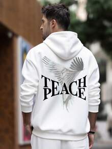Zrgoth 男士連帽衛衣 秋冬新款街頭風「PEACE」翅膀圖案印花保暖內裡連帽運動衫 - 白色 - 查看 3