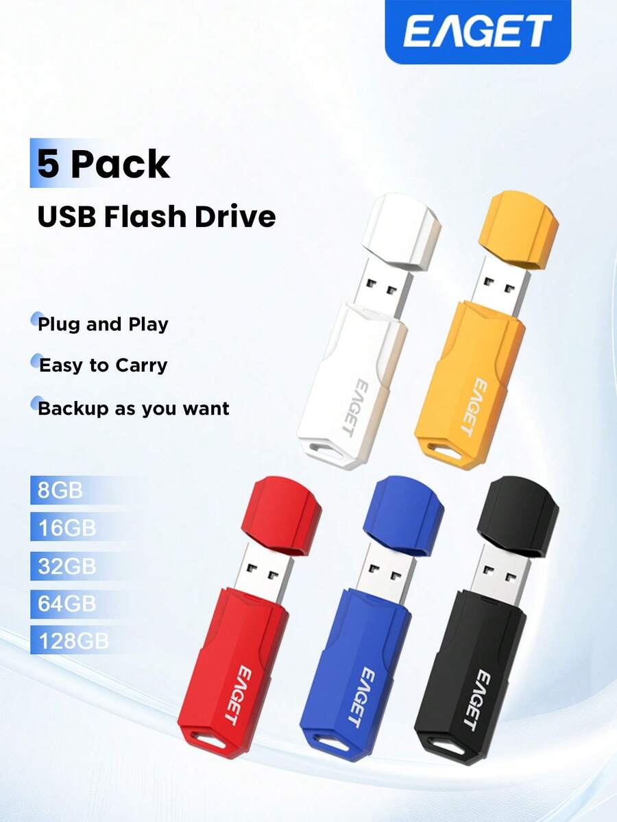 EAGET 5个/套 8GB USB 2.0 闪存盘，彩色 USB 2.0 闪存盘 64GB 32GB 16GB 8GB USB 存储棒（黑色、红色、黄色、白色、蓝色）