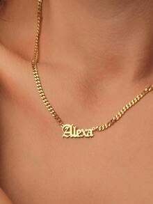 1pc Customized Gothic Women's Name Necklace, 18K Gold Stainless Steel Cuban Chain Name Necklace, Women's Wedding Jewelry Gift - Multicolor - View 5