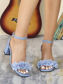 3D Floral Square Toe Women's Shoes, 2.56 Inch Heel Height, Spring/Summer New Elegant Vacation Style Light Blue Summer High Heel Sandals, Suitable For Outdoor Wear, Wedding Bride High Heels, Party Mid Chunky Heel High Heels, Fashionable High-End Women's Heeled Sandals, Shallow Brown Backstrap Ladies' High Heel Shoes - Baby Blue - View 7