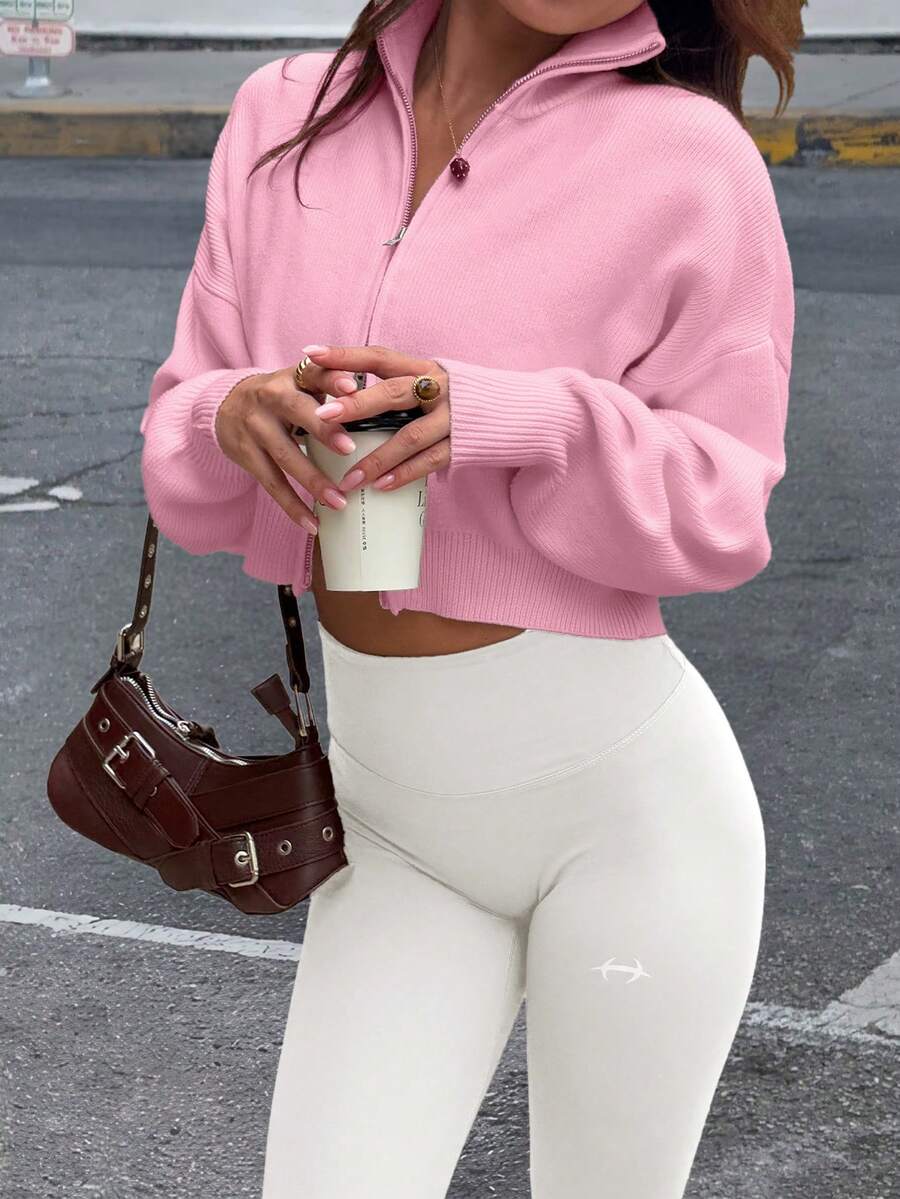 Retro American Style Double-Zipper Sweater Jacket, Women's Knitted Cardigan - Pink - View 1