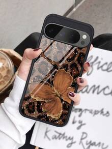 Ốp lưng điện thoại bằng kính thường họa tiết da báo và bướm | Tương thích với 10/9/8/7 - Tương thích với Samsung Galaxy A06 / 12 / A13 / A16 / S21 / S22 S23 / S24 / S25 / S25Ultra - Ốp bảo vệ, thiết kế bướm, họa tiết da báo, bền bỉ, dành cho người yêu thích phong cách cổ điển, người yêu động vật, sử dụng hàng ngày. - màu đen - Xem 1