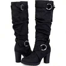 PENNYSUE Women's Knee High Boots, Fashion Chunky Block Heel Warm Winter Boots With Side Zipper For Office And Casual Wear - Da lộn màu đen - Xem 1