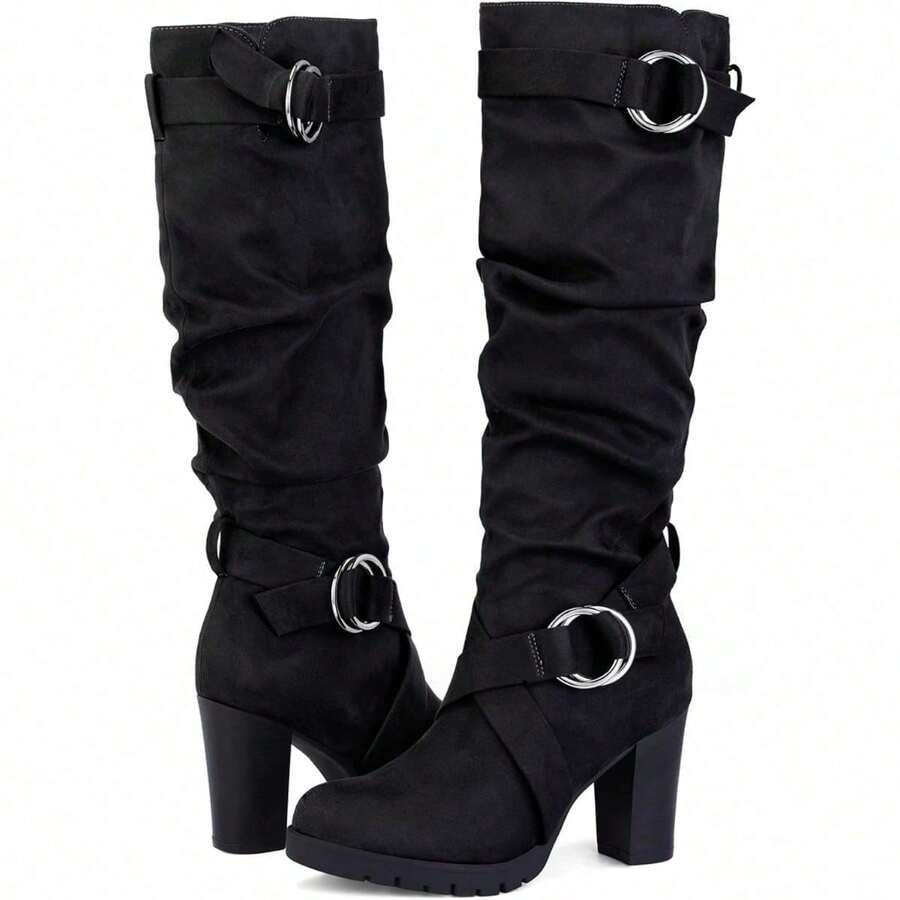 PENNYSUE Women's Knee High Boots, Fashion Chunky Block Heel Warm Winter Boots With Side Zipper For Office And Casual Wear - Da lộn màu đen - Xem 1