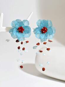 1 Pair Elegant Retro Exaggerated Sexy Bohemian Red Heart Wave Flower Shape DIY Handmade Woven Small Stone Small Shell Imitation Jade Resin Asymmetric Synthetic Resin Tassel Pendant Copper Earrings, New Added Faux Pearl Resin Woven Flower Tassel Earrings, Alloy Flower Center Woven Tassel Earrings, Light Pink Transparent Petal Tassel Earrings - Multicolor - View 3