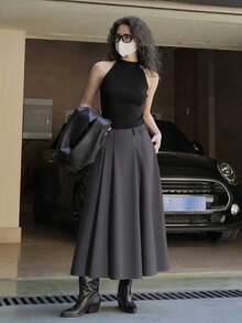 女士新款时尚百搭休闲/办公室通勤褶皱设计，简约纯色高端灰色，优雅休闲，适合通勤、办公室和日常休闲穿着