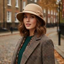 Womens Cloche Hats Stylish Solid Color Decorative Bow Bucket Hat Round Top Short Brim Church Cap - 卡其色 - 查看 5