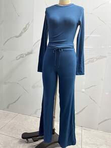 Women's Casual Solid Color Crew Neck Long Sleeve Top And Pants Set, Fashion Suit, Professional Commuter Outfit, Casual Elegant, Commute, Work Uniform, Women's Sportswear, Women's Set, Casual Set, 2 Pieces Set - Blue - View 8