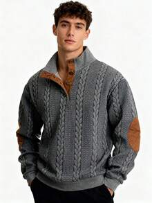 男士休闲纹理四分之一扣套头卫衣，简约时尚男士卫衣，长袖上衣 - 深灰色 - 查看 4