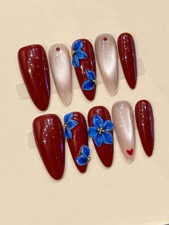 10pcs Handmade Nail Art, Sweet And Cool Ins Style, Retro Blue Handmade Carved Nail Art, Cherry Red Rich Nails, Whitening And High-End Feel, Everyday Versatile Red Nails, Press-On Nails, DIY Nail Supplies, Red Nails, Acrylic Press-On Nails, Almond Nails, French Tip Nails, Red Press-On Nails, Christmas Nails, Gifts For Women, Christmas Gifts.