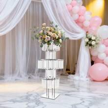 43.3in Tall Wedding Gold Crystal Flower Stand, Square Pedestal Stand, Crystal Flower Rack, Silver Vases Centerpieces Crystal Flower Stand With Hanging Crystals, 5-Tier Square Chandelier Pedestal Stand For Wedding Road Lead T Stage Flower Arrangement Decoration - 銀色 - 查看 8