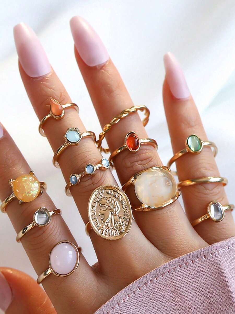 13pcs Set Rhinestone Embossed Portrait Rings, French Elegant Creative Minimalist Baroque Retro Jelly Color Rings, Suitable For Women's Daily Wear, Exquisite Gift For Friends And Mothers - Gold - View 1