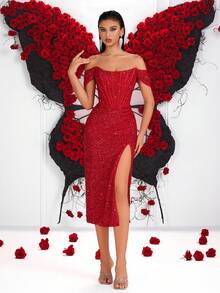 优雅亮片露肩高腰褶裥鱼骨开衩露背系带中长款舞会礼服，适合舞会、婚礼、宾客舞会、返校节、约会之夜、鸡尾酒会、生日派对、节日派对、家庭聚会等场合。 - 紅色 - 查看 9