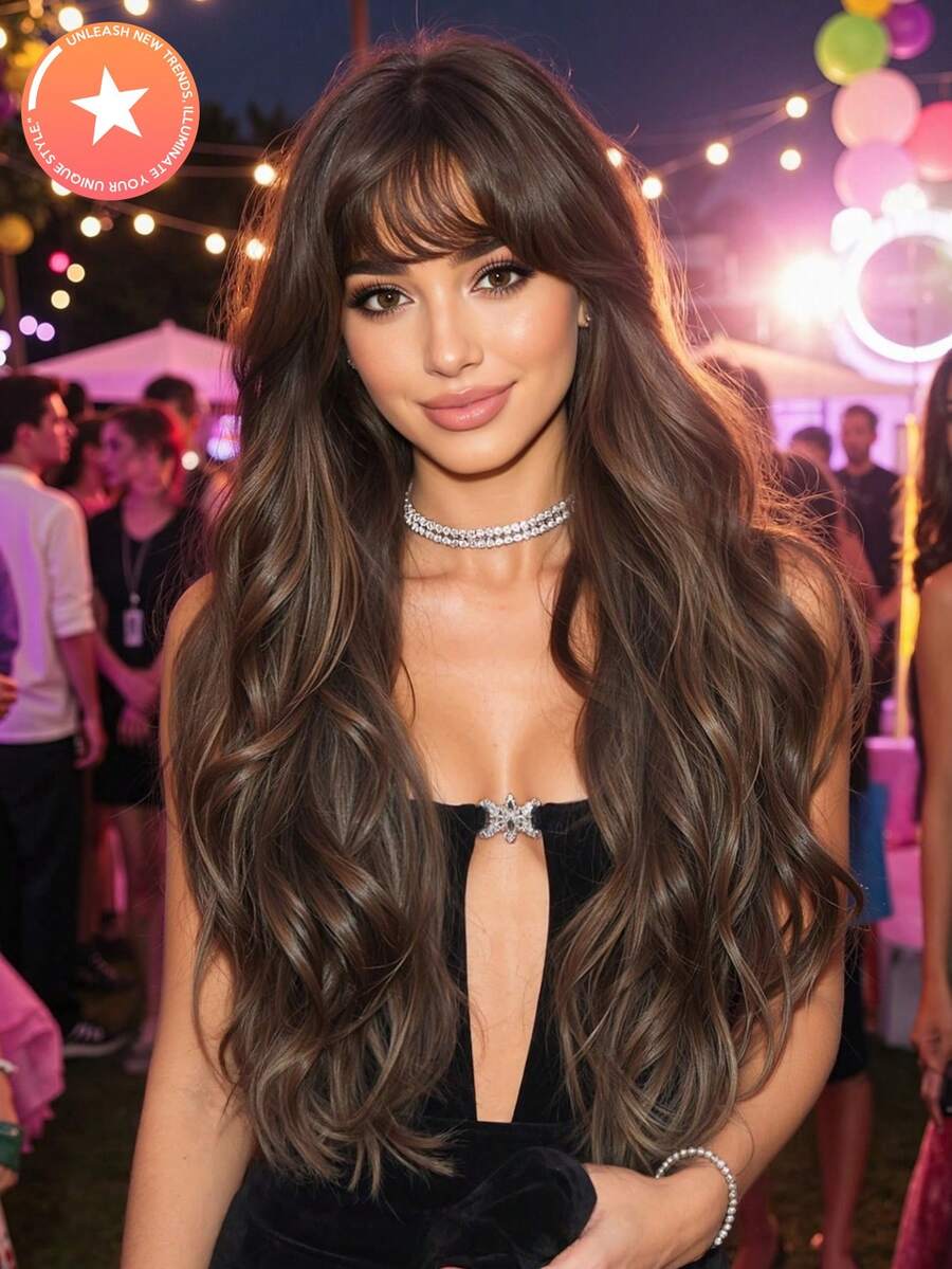 26 Inch Chocolate Brown Wavy Layered Butterfly Hairstyle Synthetic Fiber Wig With Bangs, Suitable For Daily Wear And Parties