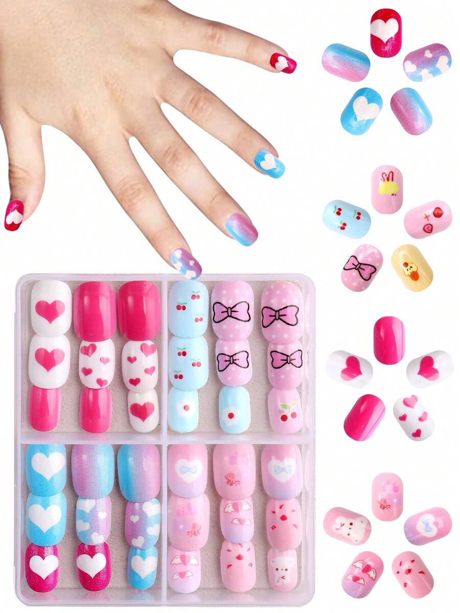 NAIO 96片/套 Y2K 酷炫风儿童美甲贴纸，亚克力材质，预涂凝胶，全覆盖，闪亮可爱渐变，包含爱心、樱桃、蝴蝶结、天使翅膀等元素，情人节主题美甲贴纸套装，适合小女孩 - 可爱主题美甲用品 - 彩色 - 查看 1