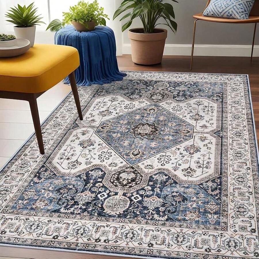 9x12 Area Rugs Living Room - Large Boho Stain-Resistant Rugs With Non-Slip Backing, Vintage Design Bedroom, Beige/Brown, Home Decor Floor - Navy - View 1