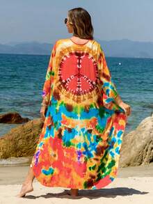 Đầm Kaftan dáng rộng, tay cánh dơi, in họa tiết nhuộm màu sắc sặc sỡ, cỡ lớn, thích hợp mặc ngoài trời dự tiệc mùa hè, đi biển hoặc mặc ở nhà. - Nhiều màu - Xem 2