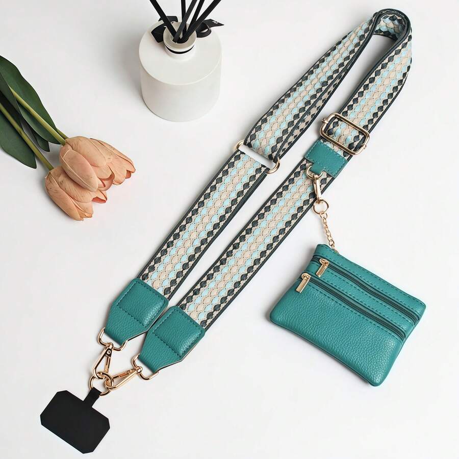 Crossbody Phone Strap With Zippered Pouch,Clip And Go Phone Charm With Wallet, Adjustable Smartphone Lanyard Wrist Strap - 030黃青漸變 - 查看 1