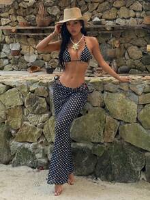 3件套女士波点印花挂脖黑色比基尼套装，性感露背夏季沙滩泳装度假装 - 彩色 - 查看 7