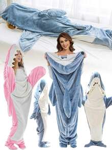 Shark Hooded Blanket - Extra Large Wearable Shark Blanket/Flannel Hooded Cape, Super Soft Plush Hooded Blanket, Cartoon Shark Pattern, One Size Fits All, Suitable For Adults, Hooded Sleeping Bag, Great For Casual, Movie Night, Camping And Travel, Perfect Holiday Gift For Christmas, Birthday, Thanksgiving, Winter, Secret Santa, For Women And Men - Multicolor - View 2