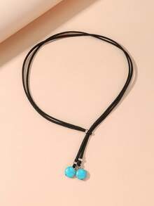 1件可调节波西米亚风天鹅绒绿松石长吊坠项链，适合日常佩戴 - 彩色 - 查看 4