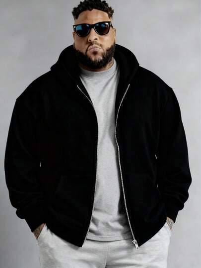 Plus Size Men's Casual Solid Color Zipper Pocket Hoodie Sweatshirt, Suitable For Street, Outdoor, And Daily Versatile Wear