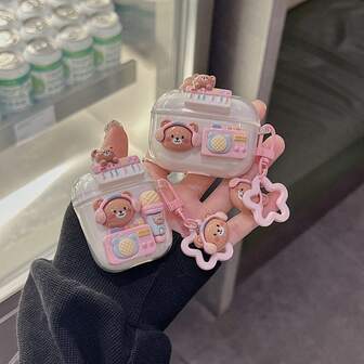 1pc Cute Cartoon Music Bear Pink Soft Shockproof Case + Guitar Star Keychain / 1pc Beige Cute Bear Star Shockproof Earphone Case + Star Bell Pendant Bluetooth Earphone Case Compatible With Apple 1st/2nd/3rd/Pro/Pro 2nd Generation, Creative Design