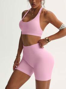 Wrinkle-Free Yoga Set, Women's Sportswear With Impact Force, Gym Shorts And Sports Bra 2-Piece Set, Suitable For Fitness Training High-Waisted Running Short - 粉色 - 查看 3