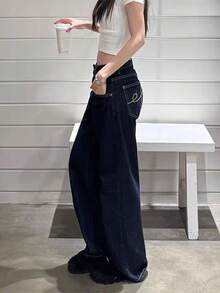 Vintage High Waist Slim Straight Leg Jeans, Loose Design Distressed Dark Blue Ankle Grazing Denim Pants